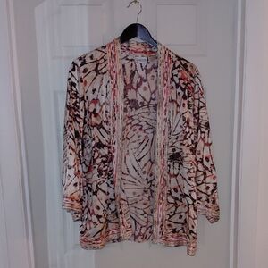 GUC Chicos Size 3 Silk Open Front Jacket, Lightweight, Cream Coral And Brown